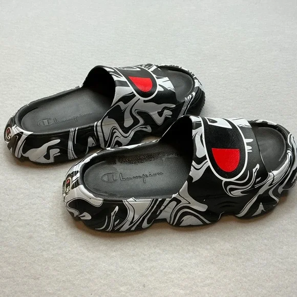 Champion IPO Warped Slides Black White Marble Swirl Sandals Mens Size 13 - Picture 3 of 14